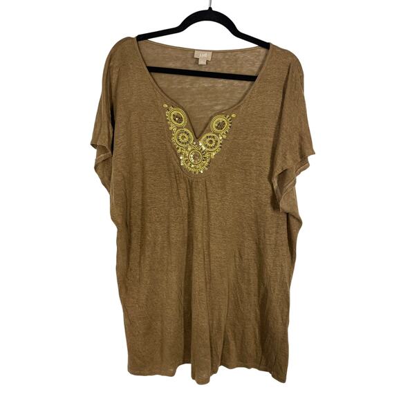 J. Jill, Size XL, Brown, 100% Linen Top, Gold Embroidered Neckline, Relaxed, EUC - Picture 1 of 7